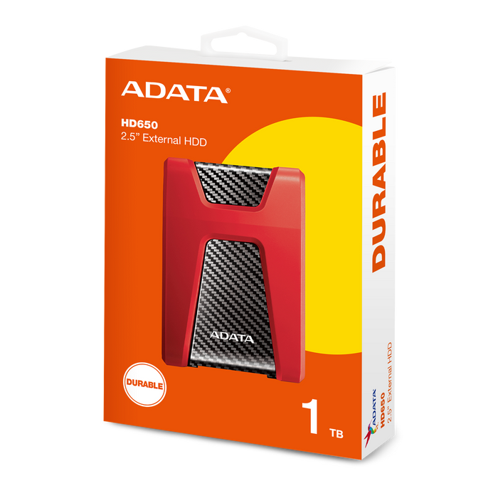 ADATA DashDriv Durable Rugged HD650 1TB Anti-Shock Portable External Hard Drive - Red Colour -- 3 Year ADATA Warranty