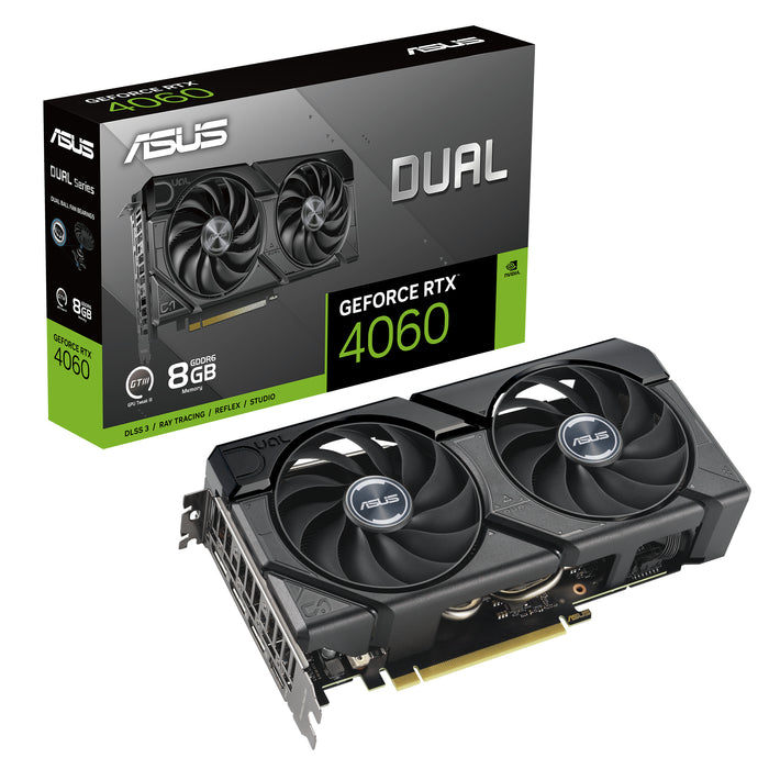 ASUS Dual GeForce RTX 4060 EVO OC Edition 8 GB GDDR6, PCIe 4.0, 8 GB GDDR6, DLSS 3, HDMI 2.1a, DisplayPort 1.4a, Axial-tech Fan Design, 0dB Technology, Dual BIOS, Auto-Extreme Technology -- 3 Year ASUS Warranty