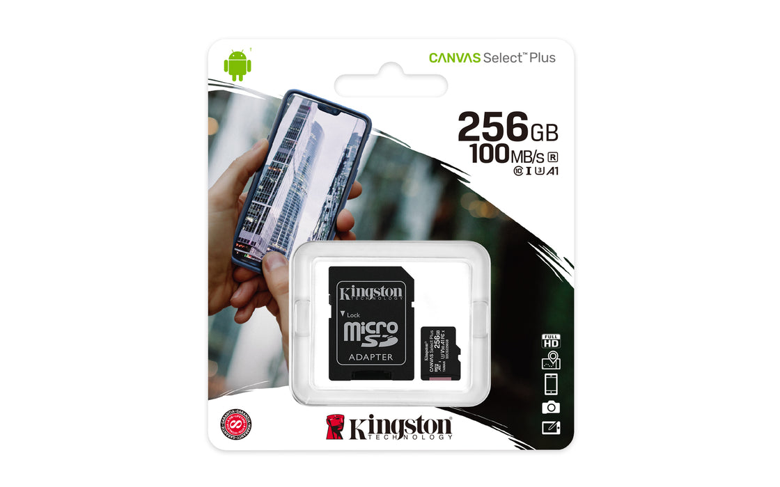 Kingston 256GB Micro SDXC Canvas Select 100R A1 C10 with SD Adaptor -- Kingston Warranty